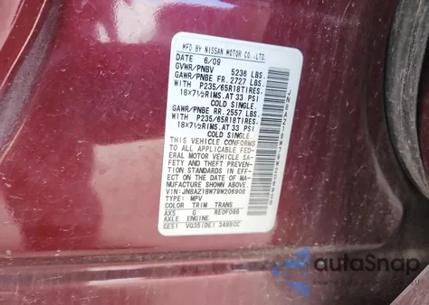 2009 Nissan Murano S z USA, uszkodzony, nr VIN JN8AZ18W79W206908